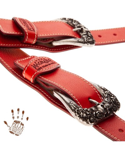 Guitar Strap Red Certified Vegetable Tanned Leather 7 Cm Skull & Roses Twin Buckle TS Core 