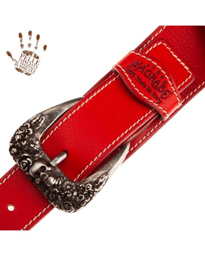 Guitar Strap Red Certified Vegetable Tanned Leather 7 Cm Skull & Roses Twin Buckle TS Core 