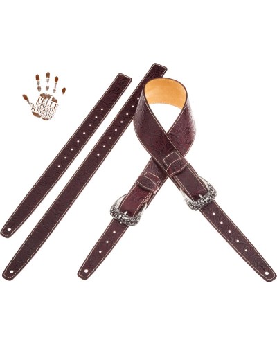 Guitar Strap Bordeaux Certified Vegetable Tanned Leather 7 Cm Skull & Roses Twin Buckle TS Embossed 