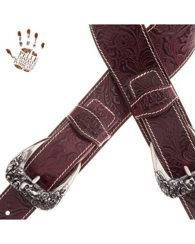 Guitar Strap Bordeaux Certified Vegetable Tanned Leather 7 Cm Skull & Roses Twin Buckle TS Embossed 