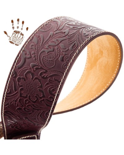 Guitar Strap Bordeaux Certified Vegetable Tanned Leather 7 Cm Skull & Roses Twin Buckle TS Embossed 