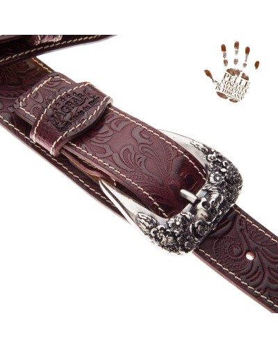 Guitar Strap Bordeaux Certified Vegetable Tanned Leather 7 Cm Skull & Roses Twin Buckle TS Embossed 