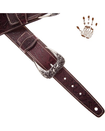 Guitar Strap Bordeaux Certified Vegetable Tanned Leather 7 Cm Skull & Roses Twin Buckle TS Embossed 