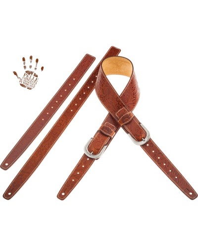 Guitar Strap Brown Certified Vegetable Tanned Leather 7 Cm Round Flores Twin Buckle TS Embossed 