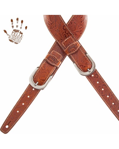 Guitar Strap Brown Certified Vegetable Tanned Leather 7 Cm Round Flores Twin Buckle TS Embossed 