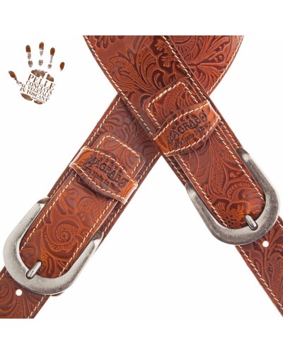 Tracolla per Chitarra e Basso Marrone Vera Pelle Conciata Al Vegetale 7 Cm Round Flores Twin Buckle TS Embossed 