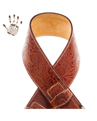 Guitar Strap Brown Certified Vegetable Tanned Leather 7 Cm Round Flores Twin Buckle TS Embossed 