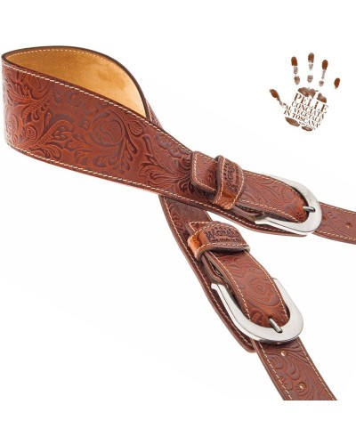 Tracolla per Chitarra e Basso Marrone Vera Pelle Conciata Al Vegetale 7 Cm Round Flores Twin Buckle TS Embossed 