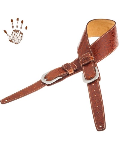 Tracolla per Chitarra e Basso Marrone Vera Pelle Conciata Al Vegetale 7 Cm Round Flores Twin Buckle TS Embossed 