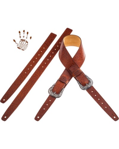 Guitar Strap Brown Certified Vegetable Tanned Leather 7 Cm Sun Flores Twin Buckle TS Embossed 