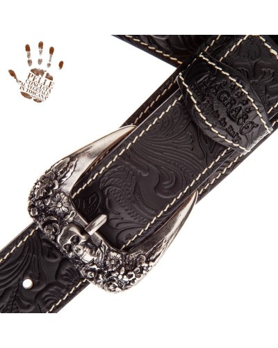 Guitar Strap Black Certified Vegetable Tanned Leather 7 Cm Skull & Roses Twin Buckle TS Embossed 