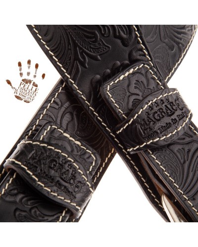 Guitar Strap Black Certified Vegetable Tanned Leather 7 Cm Skull & Roses Twin Buckle TS Embossed 