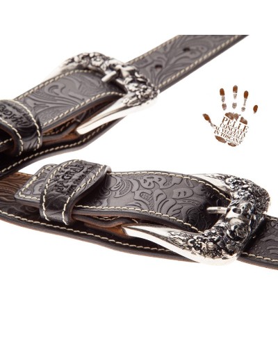 Guitar Strap Black Certified Vegetable Tanned Leather 7 Cm Skull & Roses Twin Buckle TS Embossed 