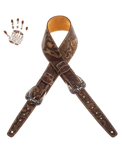 Guitar Strap Bronze Certified Vegetable Tanned Leather 7 Cm Skull & Roses Grifo Twin Buckle TS Embossed 