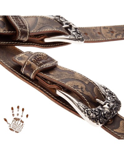 Guitar Strap Bronze Certified Vegetable Tanned Leather 7 Cm Skull & Roses Grifo Twin Buckle TS Embossed 