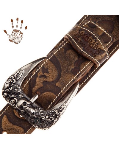 Guitar Strap Bronze Certified Vegetable Tanned Leather 7 Cm Skull & Roses Grifo Twin Buckle TS Embossed 