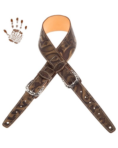 Guitar Strap Bronze Certified Vegetable Tanned Leather 7 Cm Flames Grifo Twin Buckle TS Embossed 