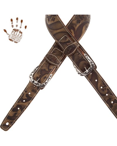 Guitar Strap Bronze Certified Vegetable Tanned Leather 7 Cm Flames Grifo Twin Buckle TS Embossed 