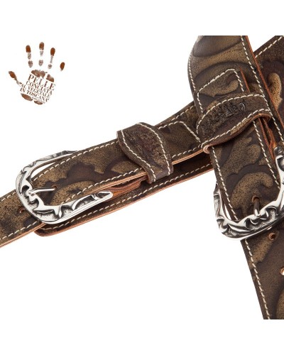 Guitar Strap Bronze Certified Vegetable Tanned Leather 7 Cm Flames Grifo Twin Buckle TS Embossed 