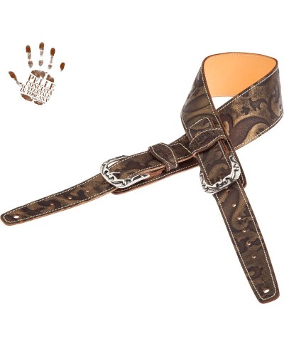 Guitar Strap Bronze Certified Vegetable Tanned Leather 7 Cm Flames Grifo Twin Buckle TS Embossed 