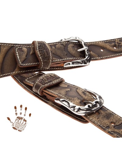 Guitar Strap Bronze Certified Vegetable Tanned Leather 7 Cm Flames Grifo Twin Buckle TS Embossed 