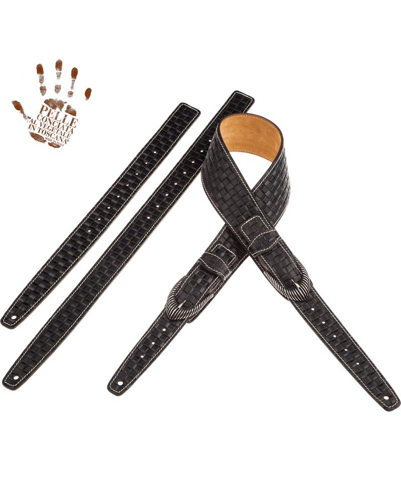 Guitar Strap Black Certified Vegetable Tanned Leather 7 Cm Groove Intreccio Twin Buckle TS Embossed 