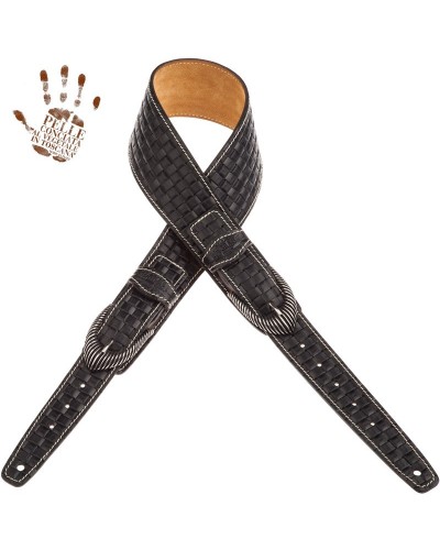 Guitar Strap Black Certified Vegetable Tanned Leather 7 Cm Groove Intreccio Twin Buckle TS Embossed 