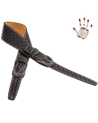 Guitar Strap Black Certified Vegetable Tanned Leather 7 Cm Groove Intreccio Twin Buckle TS Embossed 