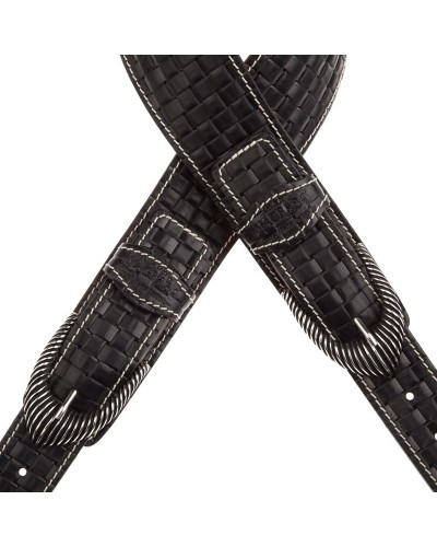 Guitar Strap Black Certified Vegetable Tanned Leather 7 Cm Groove Intreccio Twin Buckle TS Embossed 