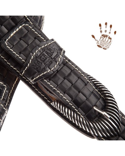 Guitar Strap Black Certified Vegetable Tanned Leather 7 Cm Groove Intreccio Twin Buckle TS Embossed 