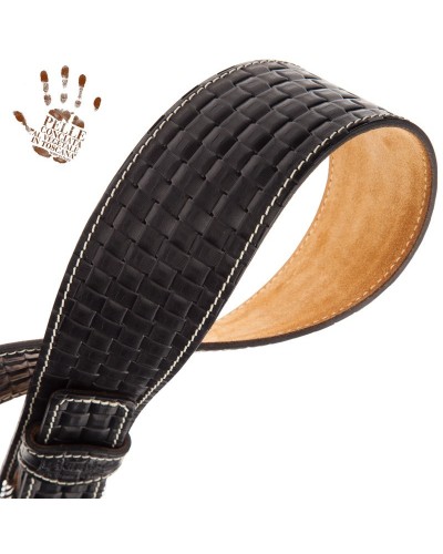 Guitar Strap Black Certified Vegetable Tanned Leather 7 Cm Groove Intreccio Twin Buckle TS Embossed 