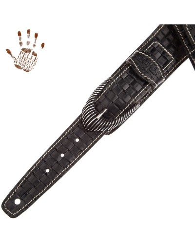 Guitar Strap Black Certified Vegetable Tanned Leather 7 Cm Groove Intreccio Twin Buckle TS Embossed 