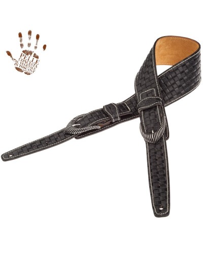 Guitar Strap Black Certified Vegetable Tanned Leather 7 Cm Groove Intreccio Twin Buckle TS Embossed 