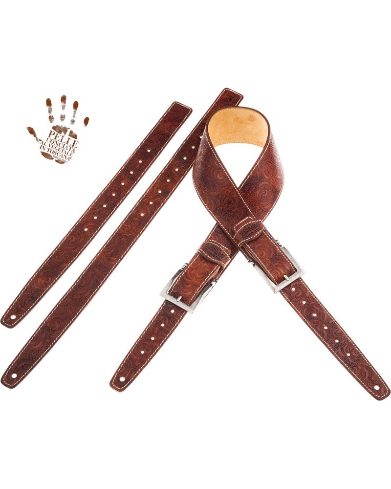 Guitar Strap Brown Certified Vegetable Tanned Leather 7 Cm Meccano Ciler Twin Buckle TS Embossed 