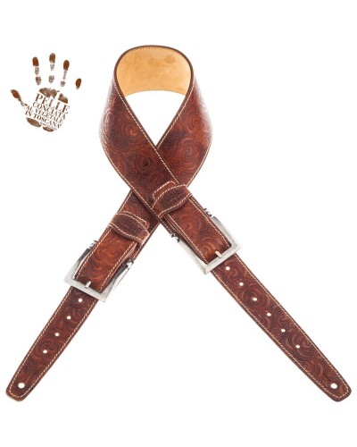 Guitar Strap Brown Certified Vegetable Tanned Leather 7 Cm Meccano Ciler Twin Buckle TS Embossed 