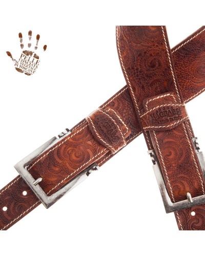 Guitar Strap Brown Certified Vegetable Tanned Leather 7 Cm Meccano Ciler Twin Buckle TS Embossed 