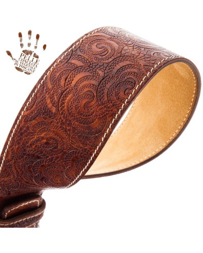 Guitar Strap Brown Certified Vegetable Tanned Leather 7 Cm Meccano Ciler Twin Buckle TS Embossed 