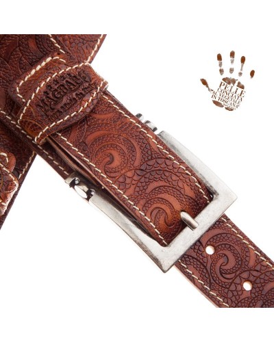 Guitar Strap Brown Certified Vegetable Tanned Leather 7 Cm Meccano Ciler Twin Buckle TS Embossed 