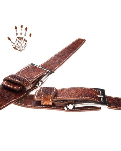 Guitar Strap Brown Certified Vegetable Tanned Leather 7 Cm Meccano Ciler Twin Buckle TS Embossed 