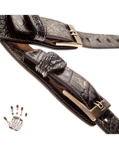 Tracolla per Chitarra e Basso Nero Vera Pelle Conciata Al Vegetale 7 Cm Tongue Cocco Dalma Twin Buckle TS Embossed 