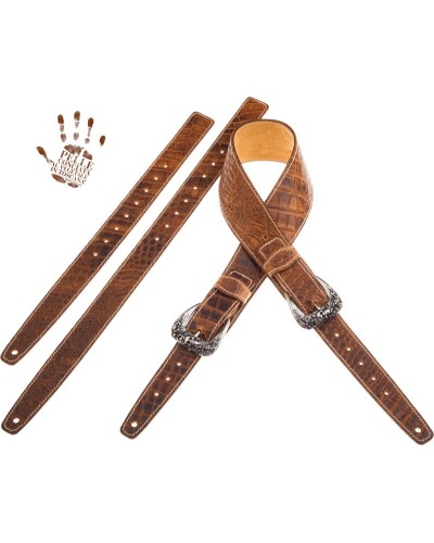 Guitar Strap Brown Certified Vegetable Tanned Leather 7 Cm Skull & Roses Cocco Pros Twin Buckle TS Embossed 