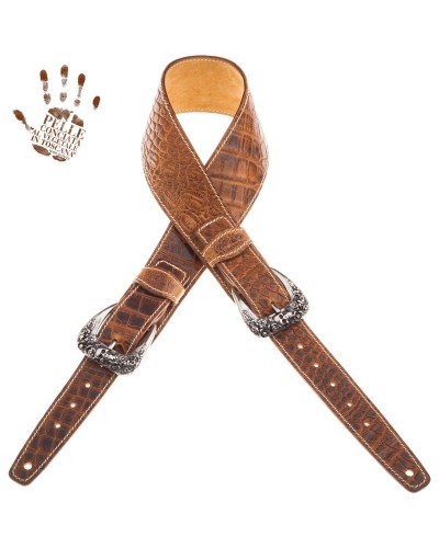 Guitar Strap Brown Certified Vegetable Tanned Leather 7 Cm Skull & Roses Cocco Pros Twin Buckle TS Embossed 