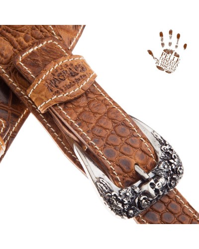 Guitar Strap Brown Certified Vegetable Tanned Leather 7 Cm Skull & Roses Cocco Pros Twin Buckle TS Embossed 