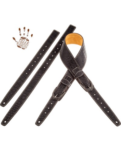 Guitar Strap Black Certified Vegetable Tanned Leather 7 Cm Groove Cocco Pros Twin Buckle TS Embossed 