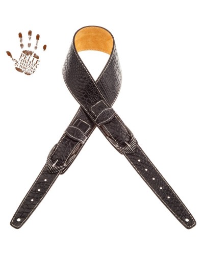 Guitar Strap Black Certified Vegetable Tanned Leather 7 Cm Groove Cocco Pros Twin Buckle TS Embossed 