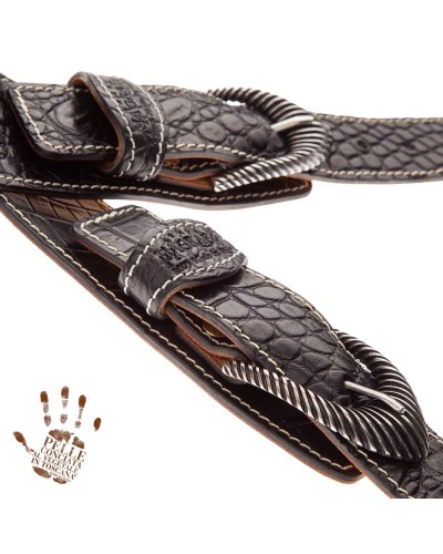 Guitar Strap Black Certified Vegetable Tanned Leather 7 Cm Groove Cocco Pros Twin Buckle TS Embossed 