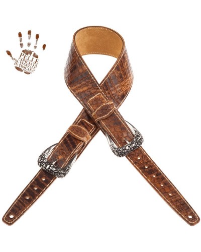 Guitar Strap Brown Certified Vegetable Tanned Leather 7 Cm Skull & Roses Croco Lux Twin Buckle TS Embossed 