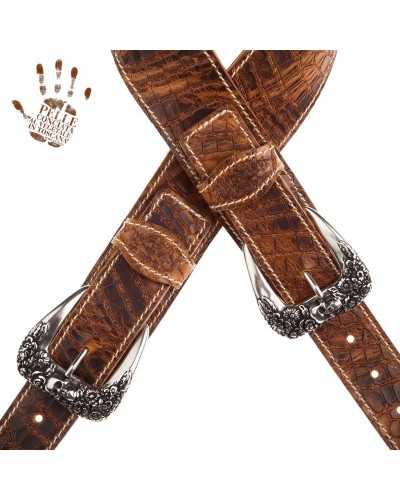 Guitar Strap Brown Certified Vegetable Tanned Leather 7 Cm Skull & Roses Croco Lux Twin Buckle TS Embossed 