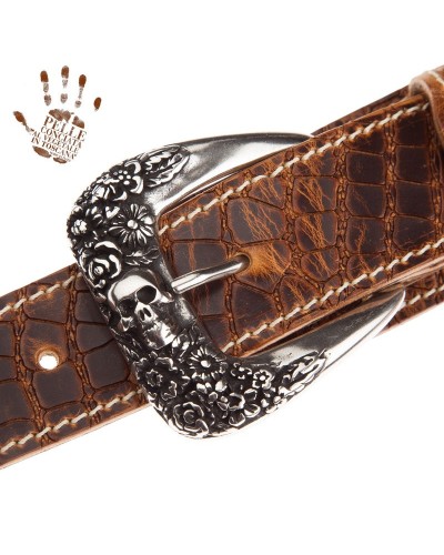 Guitar Strap Brown Certified Vegetable Tanned Leather 7 Cm Skull & Roses Croco Lux Twin Buckle TS Embossed 