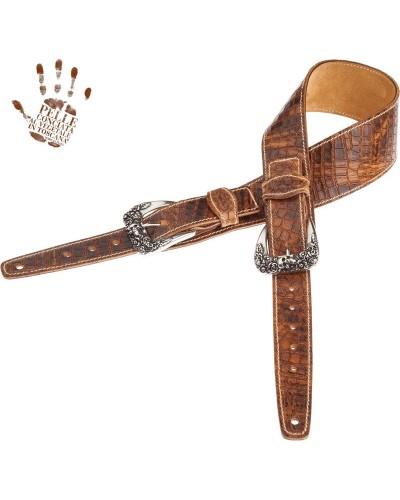 Guitar Strap Brown Certified Vegetable Tanned Leather 7 Cm Skull & Roses Croco Lux Twin Buckle TS Embossed 